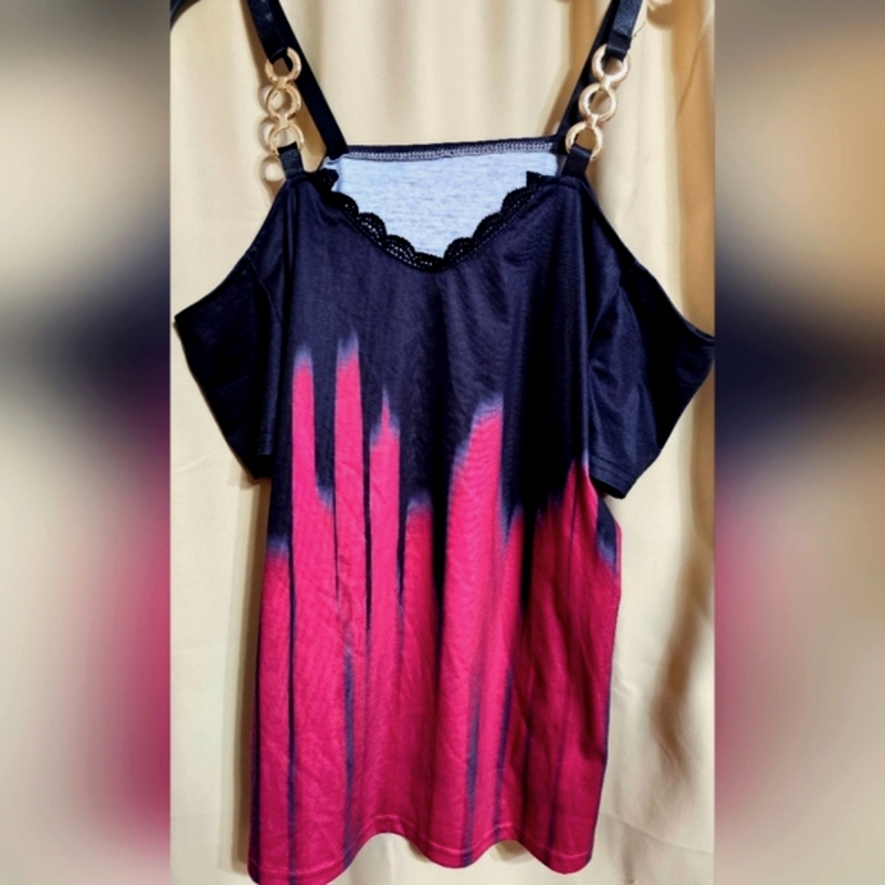 Women's Black and Red Cold Shoulder Top Gold Accents